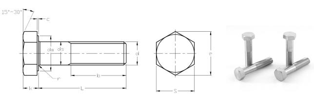 GB5785 สลักเกลียวหัวหกเหลี่ยมพร้อมด้ายพิทช์ชั้นดี